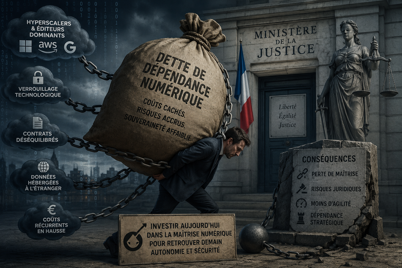 Homme portant un sac de dette de dépendance numérique enchaîné aux hyperscalers devant le ministère de la Justice