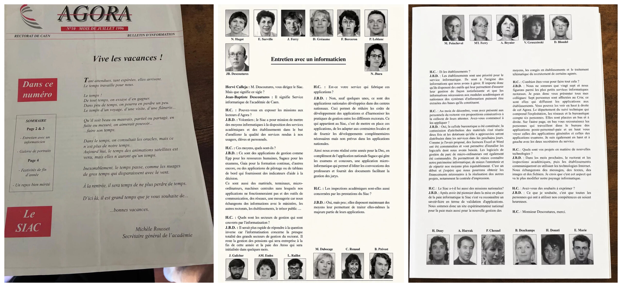 Bulletin Agora n°10, Rectorat de Caen, juillet 1996 : couverture, entretien avec le directeur du SIAC et galerie de portraits de l'équipe informatique